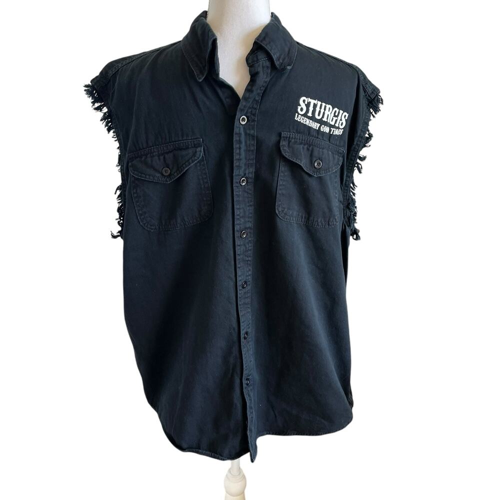 Sturgis Sleeveless Shirt Men Size Large Black Motorcyle Rally Raw Edge Button Up